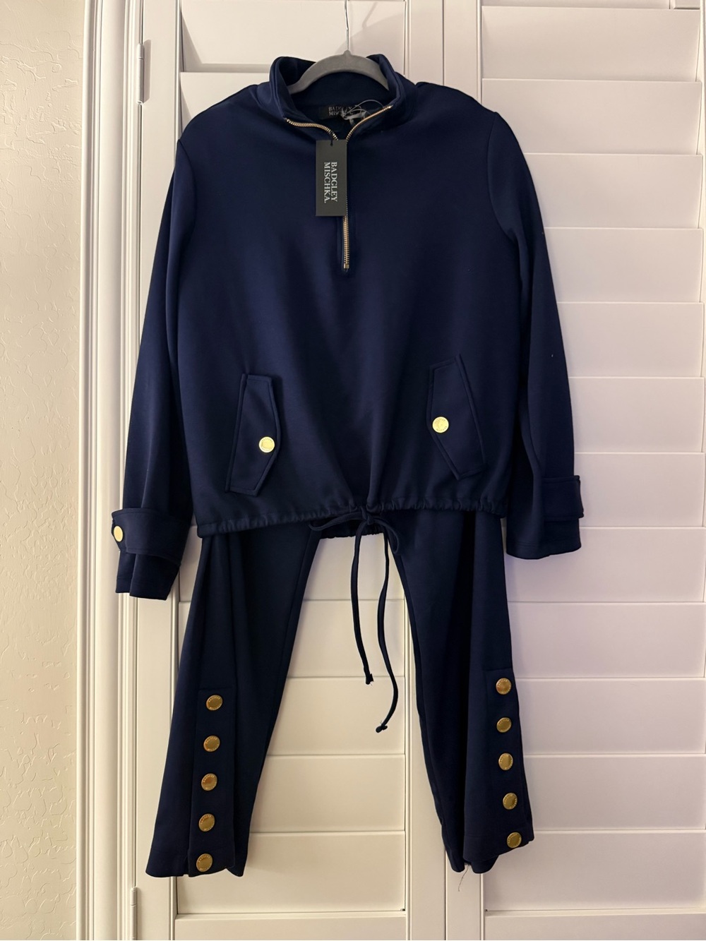 Badgley Mischka Navy Zip-Front Jacket/Pants Set with Gold Hardware